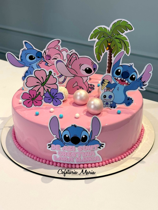 Topper de tort  personalizat cu element special din carton sub forma de Stitch si Angel, cu palmier si Aloha [3]