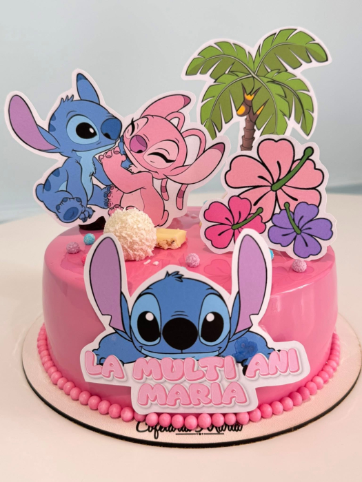Topper de tort  personalizat cu element special din carton sub forma de Stitch si Angel, cu palmier si Aloha [4]