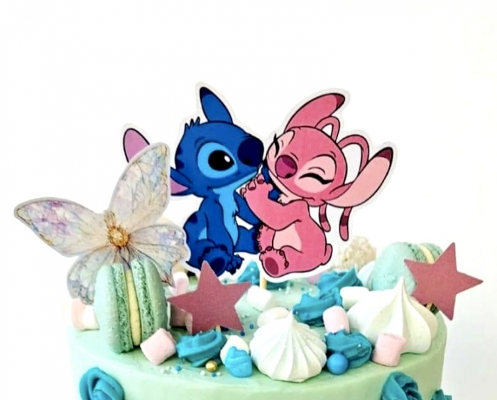 Topper de tort  personalizat cu element special din carton sub forma de Stitch si Angel, cu palmier si Aloha [2]