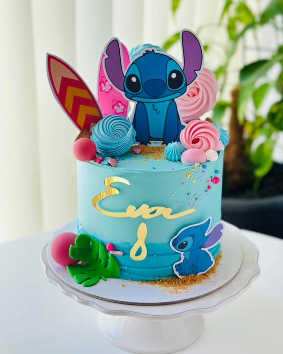 Topper de tort  personalizat cu element special din carton sub forma de Stitch si placa de surf cu La multi ani [5]