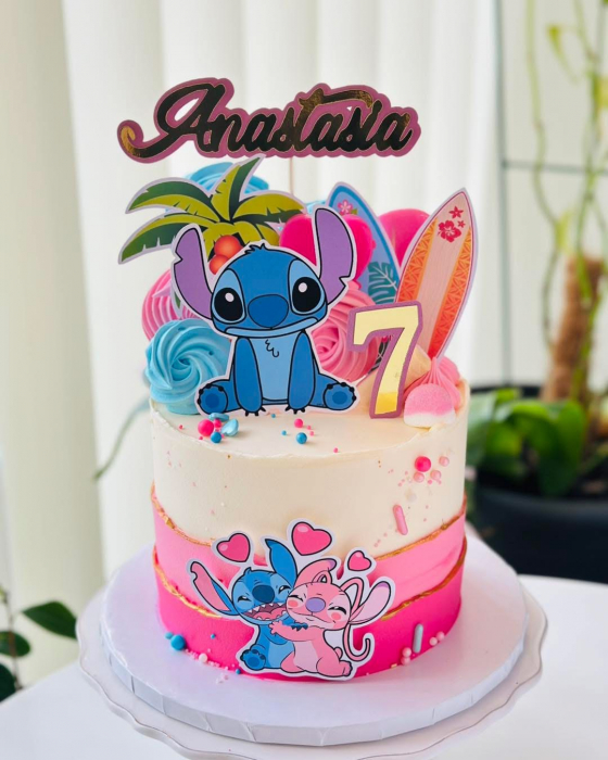 Topper de tort  personalizat cu element special din carton sub forma de Stitch si placa de surf cu La multi ani [3]