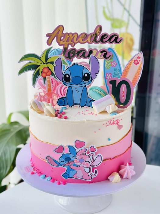 Topper de tort  personalizat cu element special din carton sub forma de Stitch si placa de surf cu La multi ani [2]