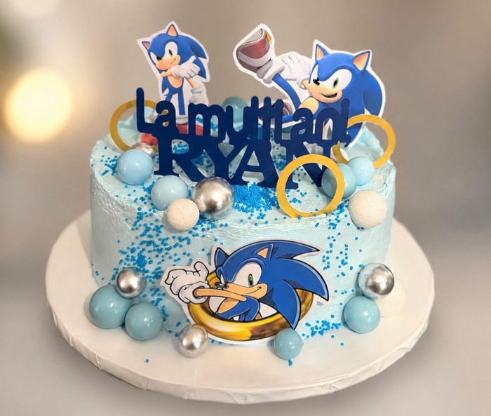 topper de tort  personalizat cu element special din carton  premium de inalta calitate sub forma  de ipostaze cu Sonic si inele aurii [28]