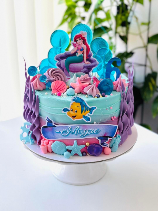 Topper de tort cu element special din carton sub forma de sirena Ariel, pestele si banner cu nume [2]