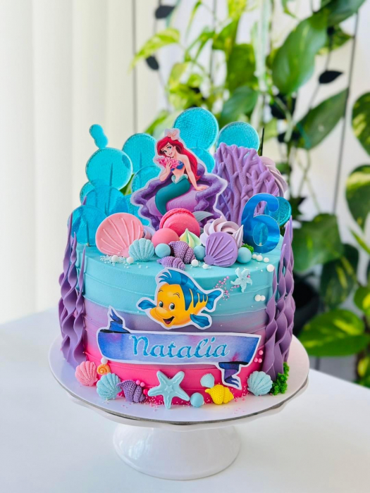 Topper de tort cu element special din carton sub forma de sirena Ariel, pestele si banner cu nume [3]