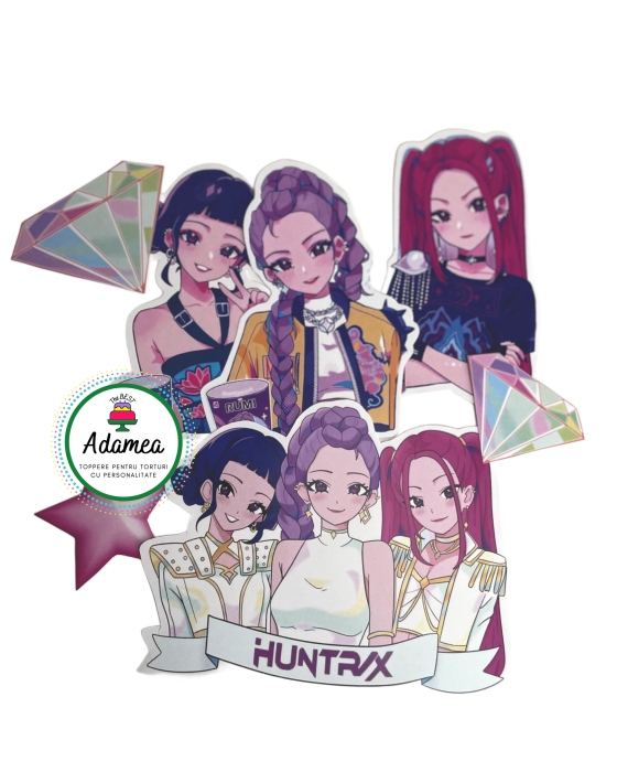 Topper de tort  personalizat cu elemente speciale din carton sub forma de cele 3 fete din Huntrix, pisica si logo-ul Demon Hunters K-pop frontal [1]