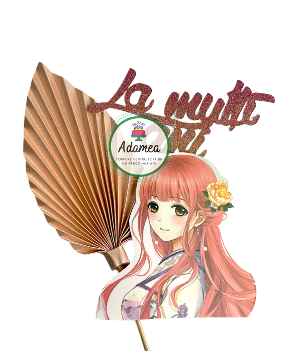 Topper tort anime cu fetiță și evantai corai – set decor aniversar elegant Adamea [1]