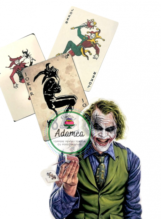 Topper de tort  personalizat cu element special din carton sub forma de  personaj negativ Joker si 3 carti de joc [2]