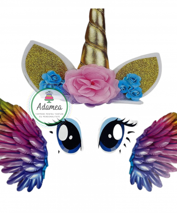Topper de tort cu element special din carton sub forma de unicorn cu corn, ochi si aripi [6]