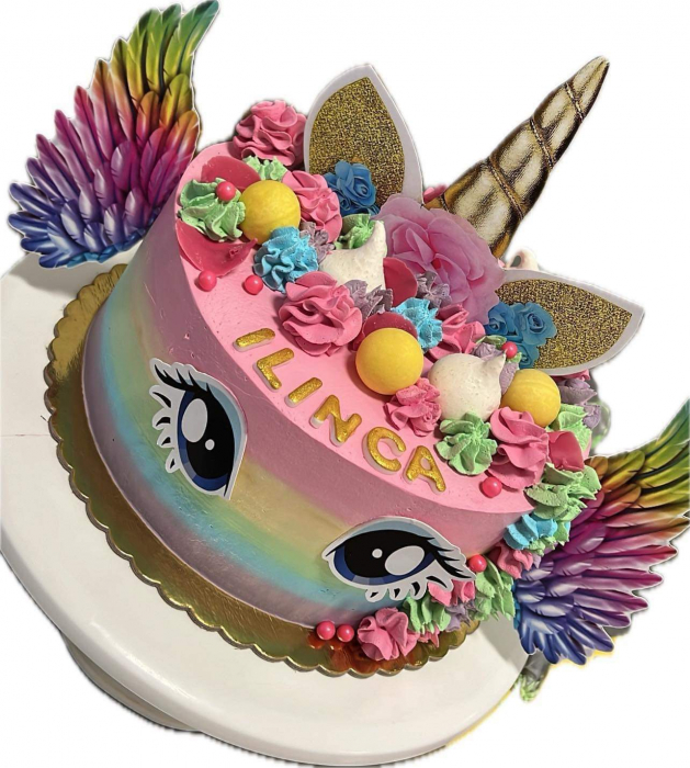 Topper de tort cu element special din carton sub forma de unicorn cu corn, ochi si aripi [4]