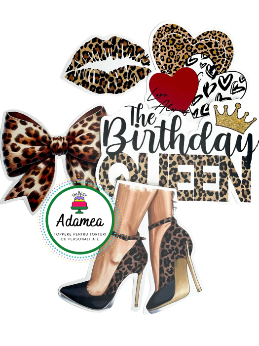 Topper de tort  personalizat cu element special din carton sub forma de elemente sexy animal print leopard cu the Birthday Queen pentru femei sexy si puternice [2]