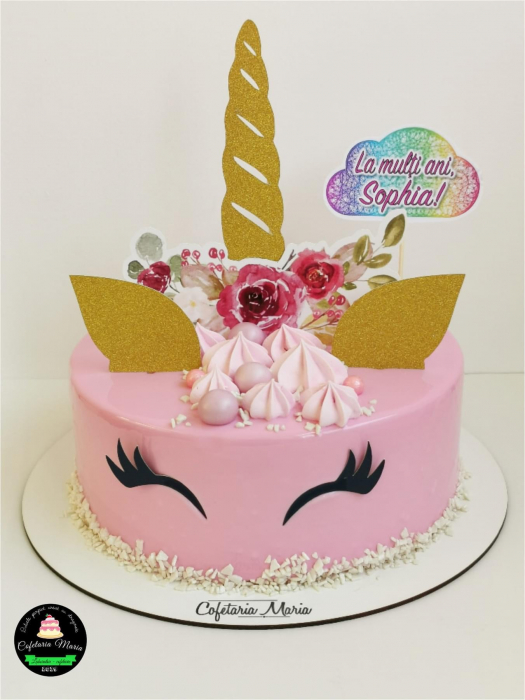 Topper de tort cu element special din carton sub forma de cap de corn de unicorn auriu glitter cu coronita din flori [3]