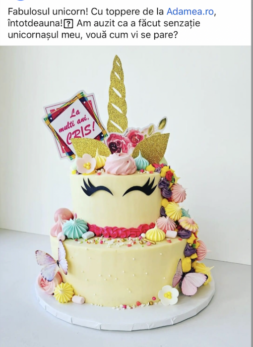 Topper de tort cu element special din carton sub forma de cap de corn de unicorn auriu glitter cu coronita din flori [4]