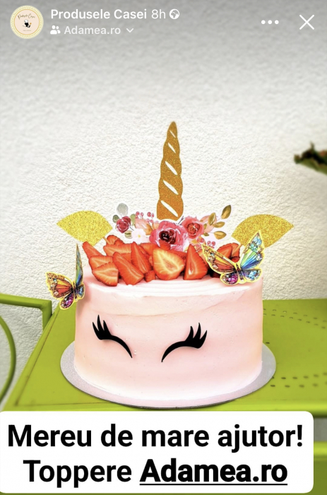 Topper de tort cu element special din carton sub forma de cap de corn de unicorn auriu glitter cu coronita din flori [5]
