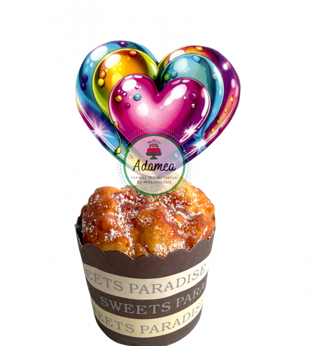 Topper de tort  personalizat cu element special din carton sub forma de  3 inimi concentrice viu colorate [1]