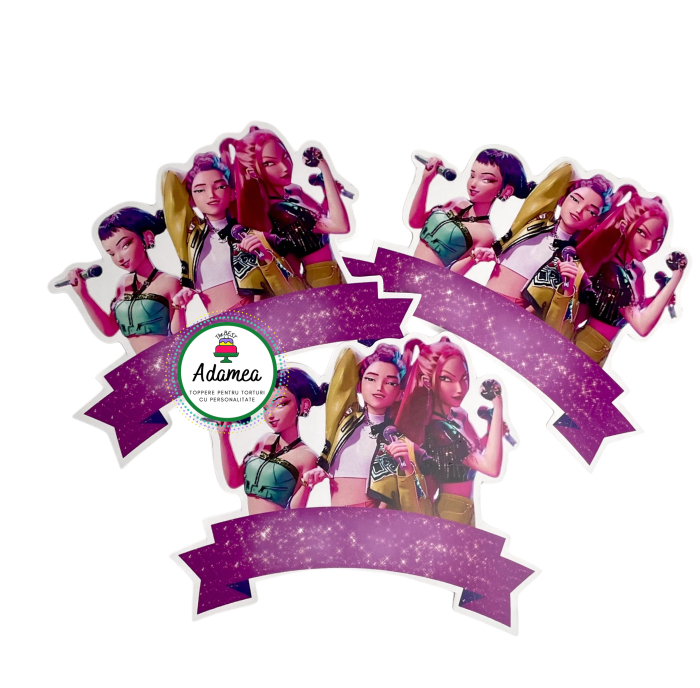 Topper de tort  personalizat cu element special din carton sub forma de bnner personalizabil cu fetele de la Huntrix [1]
