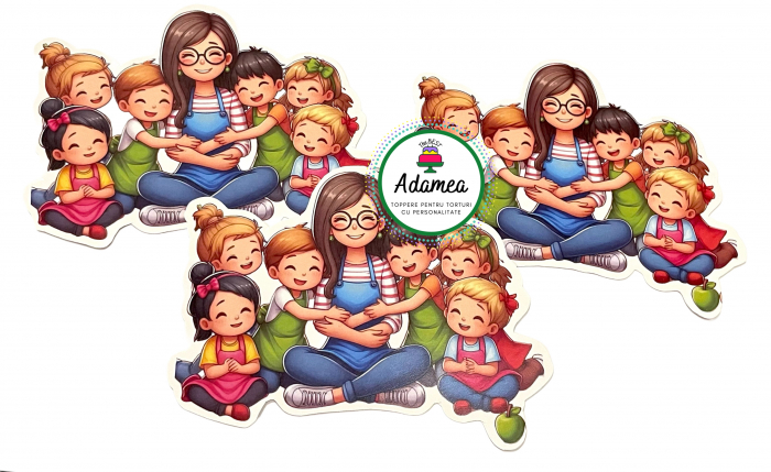 Topper de tort  personalizat cu element special din carton sub forma de  educatoare sau invatatoare satena si cu ochelari inconjurata de copii veseli [1]