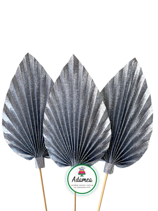 Topper de tort  personalizat cu element special din carton sub forma de  evantai festiv sau frunza de palmier slipitoare argintiu [2]