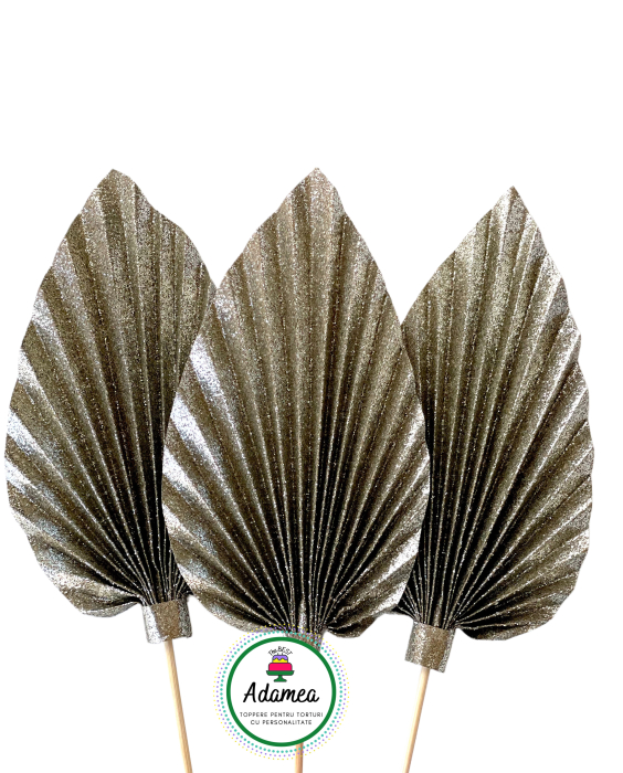 Topper de tort  personalizat cu element special din carton sub forma de  evantai festiv sau frunza de palmier slipitoare auriu vintage [2]