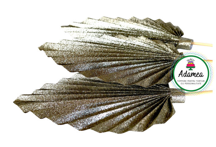 Topper de tort  personalizat cu element special din carton sub forma de  evantai festiv sau frunza de palmier slipitoare auriu vintage [1]