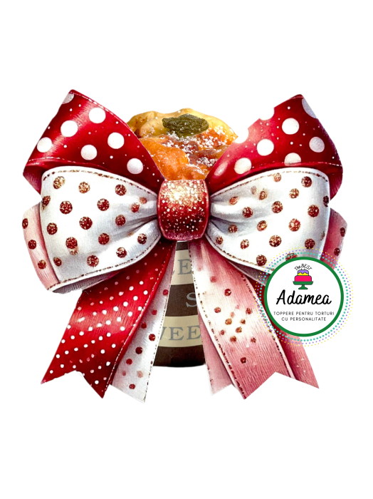 Topper de tort  personalizat cu element special din carton sub forma de fundita printata de Craciun cu alb, rosu si buline [1]