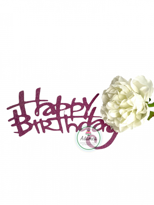 Topper de tort cu element special din carton sub forma de mesaj Happy Birthday roz inchis prafuit glitter [2]