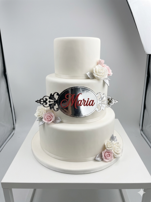 Topper de tort  personalizat cu element special din carton  personalizabil premium de inalta calitate sub forma  de placheta dantelabila personalizabila argintiu oglinda [3]
