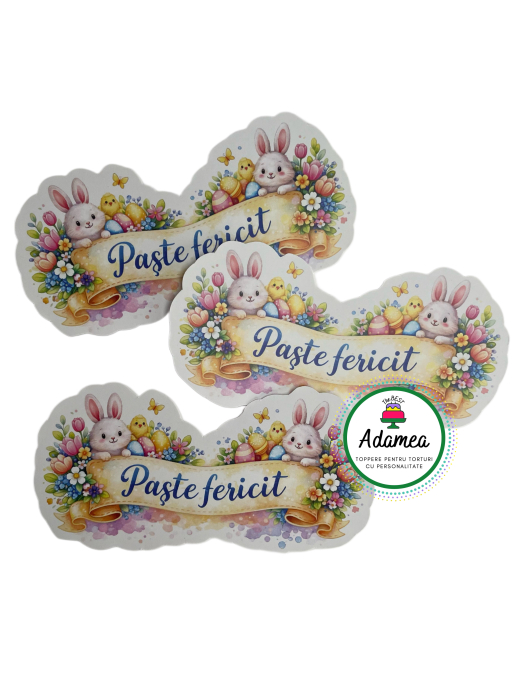 Topper de tort  personalizat cu element special din carton  premium de inalta calitate sub forma debanner cu Paste fericit si 2 iepuri [2]