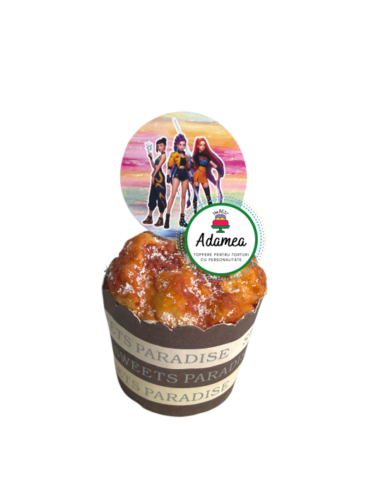 Topper de tort  personalizat cu element special din carton sub forma dediscuri imprimate cu tematica Huntrix si Saya Boys [2]