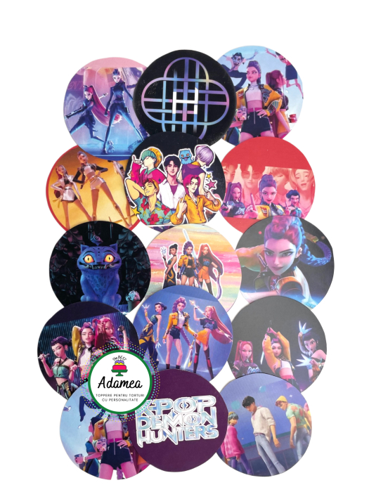 Topper de tort  personalizat cu element special din carton sub forma dediscuri imprimate cu tematica Huntrix si Saya Boys [1]