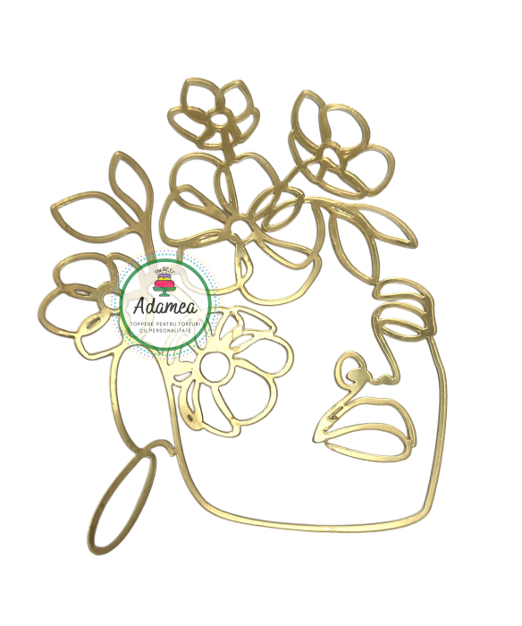 Topper de tort  personalizat cu element special din acril auriu cu silueta stilizata de femeie cu flori si frunze in par [1]