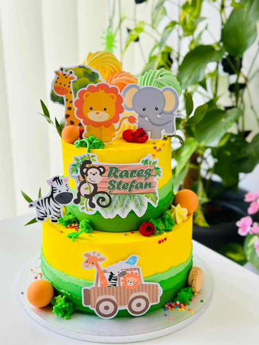 Topper de tort cu element special din carton sub forma de masina safari cu animale [2]