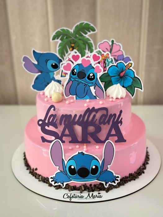 Topper de tort  personalizat cu element special din carton sub forma de stitch frontal pe burta [1]