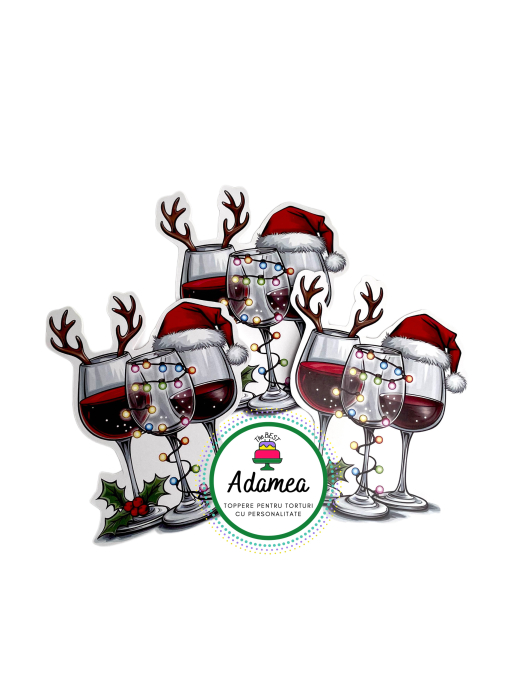Topper de tort  personalizat cu element special din carton sub forma de pahare festive de vin cu tematica de Craciun si fundita [1]