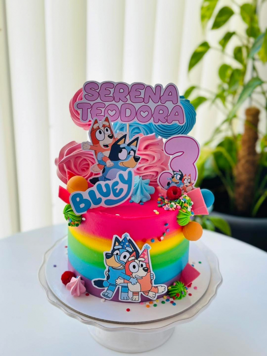 topper de tort  personalizat cu element special din carton sub forma de  cele doua surori Bluey cu coifuri de party [5]