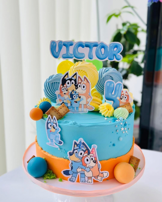 topper de tort  personalizat cu element special din carton sub forma de  cele doua surori Bluey cu coifuri de party [2]