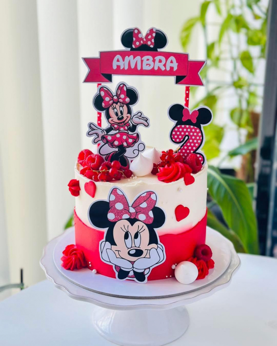 Topper de tort personalizat  cu element special din carton sub forma de cap de Minnie cu funda rosie tip glitter [2]