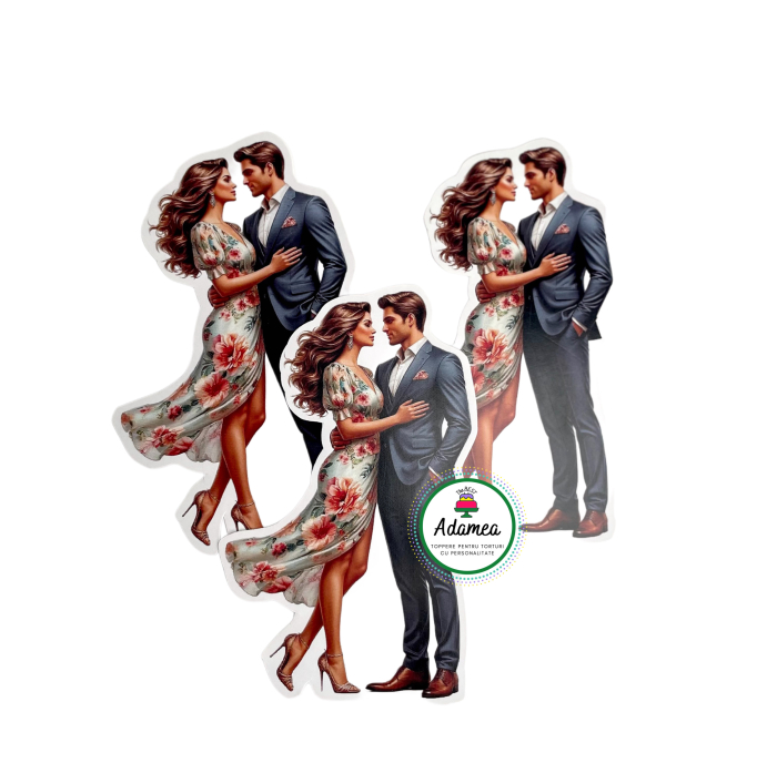 Topper de tort  personalizat cu element special din carton sub forma de cuplu romandtic el in costum elegant si ea in rochie de cocktail cu flori [1]