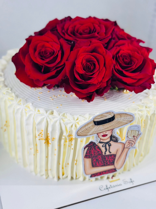 Topper de tort  personalizat cu element special din carton sub forma de  femeie tanara sexy cu palarie si sampanie [2]