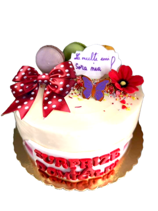 Topper de tort  personalizat cu element special din carton printat cu o funda mare frontala rosie cu picatele albe cu efect 3D [4]