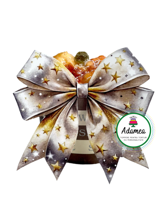 Topper de tort  personalizat cu element special din carton sub forma de fundita printata alb cu stelute aurii [1]