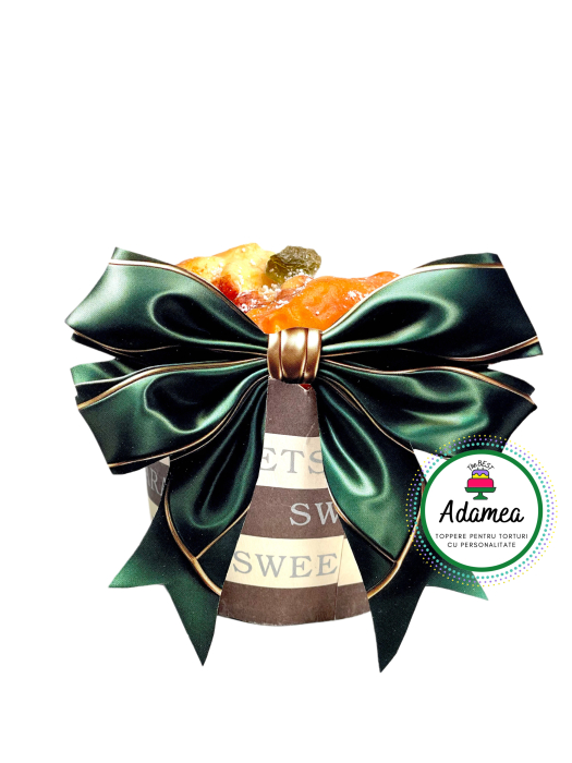 Topper de tort  personalizat cu element special din carton sub forma de fundita printata tip satin verde cu contur auriu dublata [1]