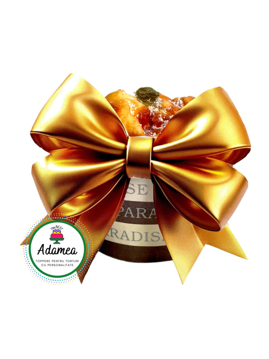 Topper de tort  personalizat cu element special din carton sub forma de fundita printata auriu metalic [1]