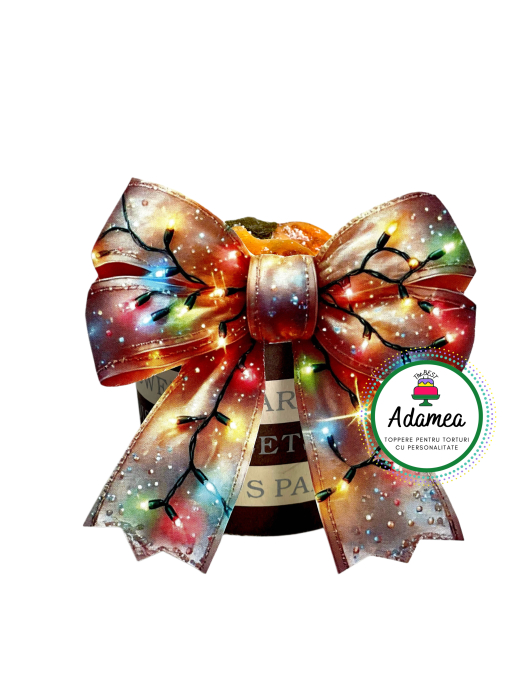 Topper de tort  personalizat cu element special din carton sub forma de fundita printata aurie cu instalatie de lumini de brad de Craciun [1]