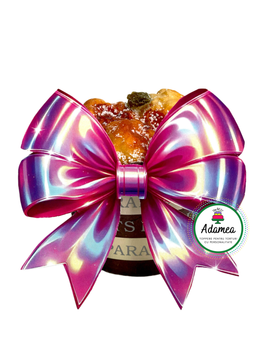 Topper de tort  personalizat cu element special din carton sub forma de fundita printatar= roz tip metal heliomat [1]