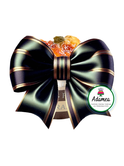 Topper de tort  personalizat cu element special din carton sub forma de fundita printata tip satin verde cu contur auriu [1]