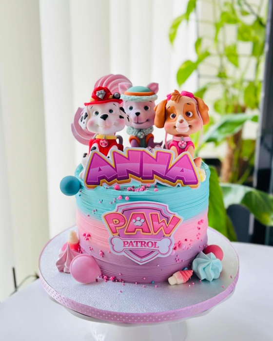 Topper de tort cu element special din carton sub forma de cap de logo Paw Patrol roz cu fucsia [2]