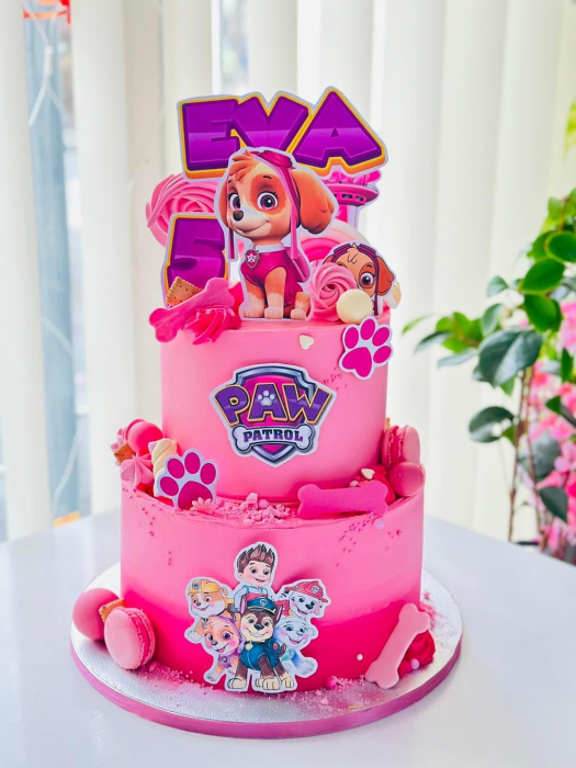 Topper frontal de tort cu logo Patrula Catelusilor roz cu mov [9]