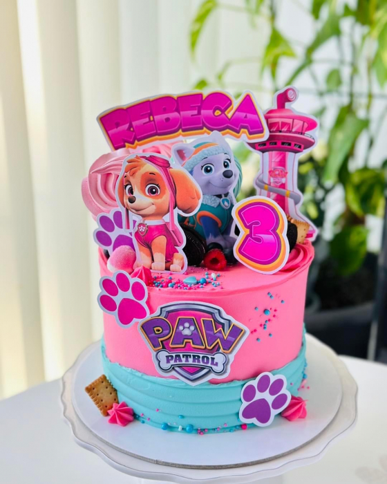 Topper frontal de tort cu logo Patrula Catelusilor roz cu mov [10]