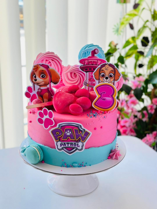 Topper frontal de tort cu logo Patrula Catelusilor roz cu mov [4]